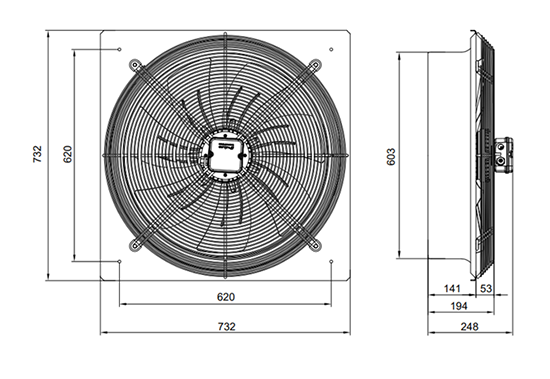 ابعاد هواکش های آکسیال ایلکا فلزی دمنده 600 mm