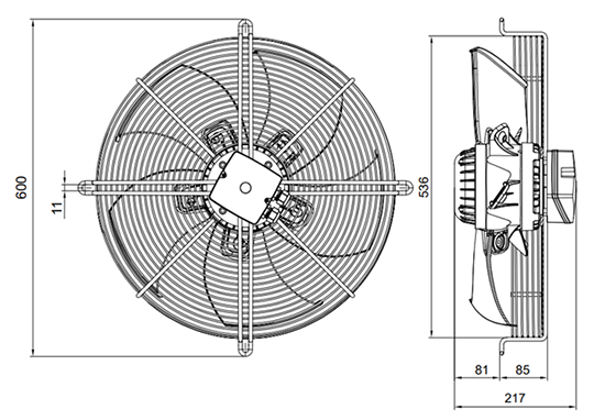ابعاد هواکش آکسیال یوروونت دمنده سری VIB 500mm