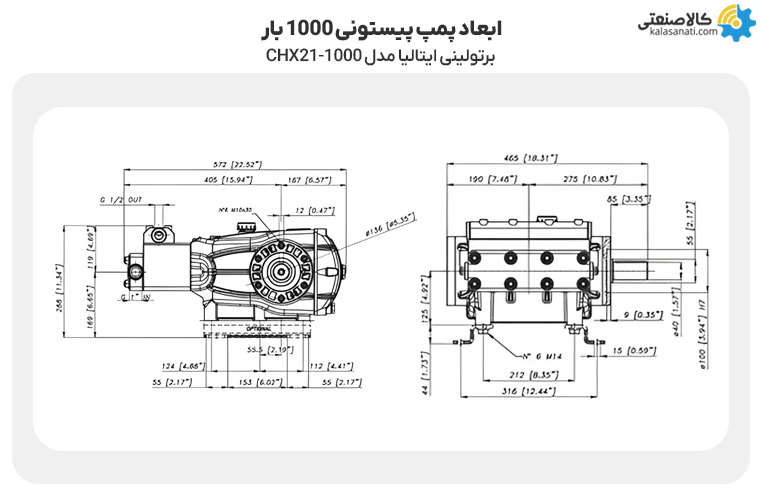 ابعاد پمپ پیستونی 1000 بار برتولینی