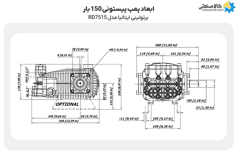 ابعاد پمپ پیستونی 150 بار برتولینی