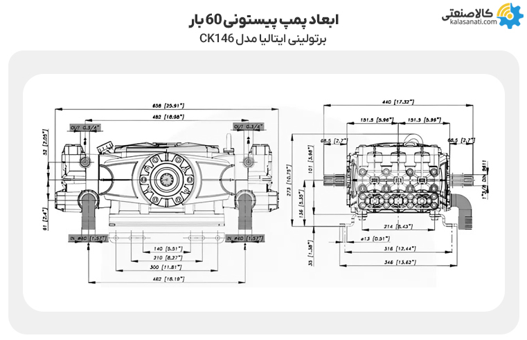ابعاد پمپ پیستونی 60 بار برتولینی ایتالیا