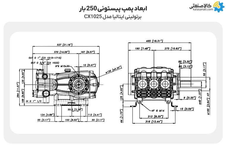 ابعاد پمپ پیستونی 250 بار برتولینی